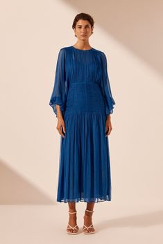 Maya Ruched Panelled Midi Dress | Strong Blue | Dresses | Shona Joy Blue Midi Dress With Draped Sleeves For Evening, Billowy Midi Dress For Party, Evening Dress With Gathered Neckline And Long Sleeves, Blue Midi Dress With Draped Sleeves, Knee-length Midi Dress With Gathered Sleeves For Cocktail, Cocktail Midi Dress With Gathered Sleeves, Blue Ruched Midi Dress For Casual Wear, Long Sleeve Midi Dress With Gathered Neckline For Daywear, Blue Midi Dress With Draped Sleeves For Cocktail