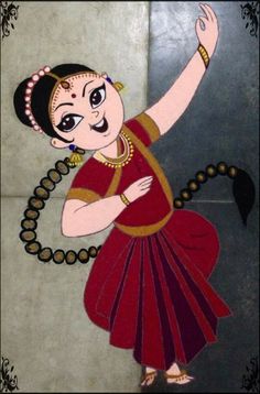 a painting of a woman dancing on the floor with beads around her neck and hands in the air