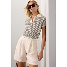 White striped (100% Cotton). Top. Short sleeves. Collared. Front button closure. 18.5" from shoulder to hemline. Imported. Summer Workwear Tops With Contrast Stripes, Chic Summer Tops With Striped Collar, Chic Striped Collared Tops, Classic Summer Tops With Contrast Stripes, Classic Tops With Contrast Stripes For Summer, Spring Workwear Tops With Striped Hem, Summer Collared Tops With Striped Cuffs, Chic Spring Top With Striped Hem, Chic Striped Hem Top For Spring