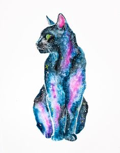 a watercolor painting of a cat sitting on its hind legs and looking up at the sky