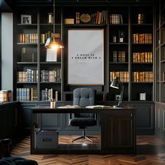 an office with bookshelves and a desk in front of a large bookcase