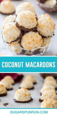 coconut macaroons with chocolate on top and in the background, there is a bowl full of macaroons