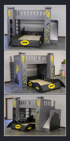 the batman bunk bed is made out of cardboard and has two slides to open it