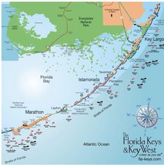 a map of the florida keys and key west with major cities, roads, parks, and water features