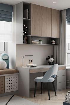 a bedroom with a desk and chair in it