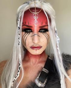 #warrior #norse #nordic #norsemythology #nordicwarrior #viking #shieldmaiden #pagan #creativemakeup #fantasymakeup #bodypainting #mua #makeuptutorial Nordic Warrior Woman, Hecate Makeup, Norse Makeup, Dark Viking, Nordic Sisterhood, Pagan Spring, Fukari Art, Viking Face Paint, Haunt Makeup