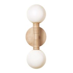 a wooden object with two white balls on it's back and one is turned upside down