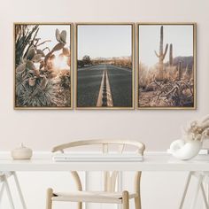 three pictures hanging on the wall above a table