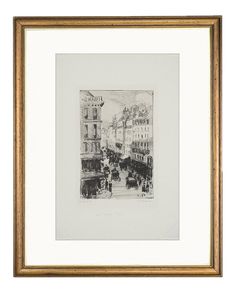 a black and white drawing of people walking down the street with buildings in the background