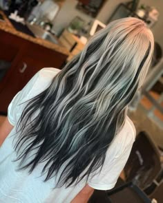 White And Black Baylage Hair, Platinum Silver And Black Hair, Black And White Balayage Hair, White To Black Hair Ombre, Icy Blonde And Black Hair, White Ombré Hair, Platinum Blonde Hair With Black Lowlights, Reverse Hair Color, Black And White Layered Hair