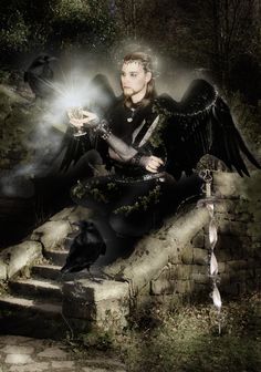 an angel sitting on top of a stone step next to a black dog with wings