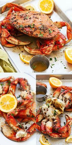 crab legs with lemons and herbs on a baking sheet