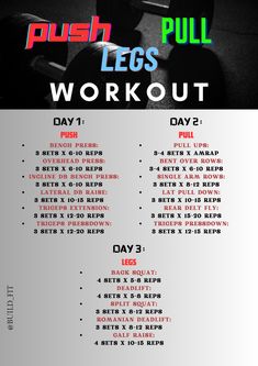 a poster with the words push pull, legs workout day 1 and 3 on it