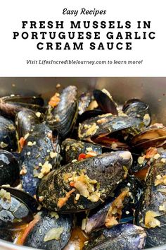 fresh mussels in cream sauce with text overlay