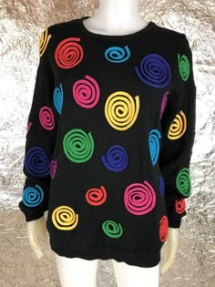 Women's vintage 1980's black with multi-color swirl design knit sweater.  Size medium.  Has stretch.  Pre-owned.  Good vintage condition.  BUST=37 inches.  WAIST=36 inches.  WRIST=6 inches.  LENGTH=27 inches.  Heavy! Colorful Swirls, Silly Clothes, Ugly Outfits, Oc Stuff, Funky Style, Rainbow Sweater, Crazy Outfits, Quirky Fashion, Weird Fashion