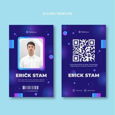 a purple and blue id card template with a man's face in the center