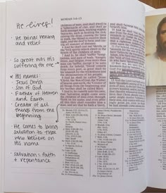 an open bible with pictures of jesus and the names of his people on it, as well as handwritten text