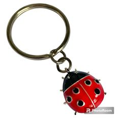 a red and black ladybug keychain on a white background