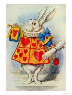 a painting of a rabbit dressed as a clown holding a piece of paper with hearts on it