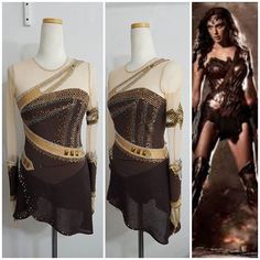 two pictures of the same woman's costume and one with an open back top