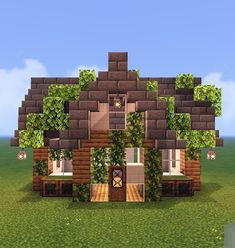 the house is made out of wood and has ivy growing on it's roof