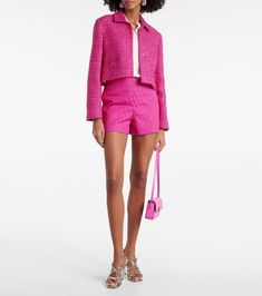 VGold cropped lamé tweed jacket in pink - Valentino | Mytheresa Tweed Jacket Style, Pink Tweed Jacket, Valentino Pink, Valentino Clothing, Metallic Jacket, Pink Tweed, Georgette Blouse, Fall Coat, Tweed Jacket