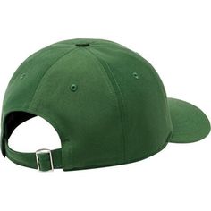 a green baseball cap with a metal buckle on the front and side, sitting against a white background