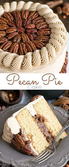 pecan pie cake with white frosting and pecans on top