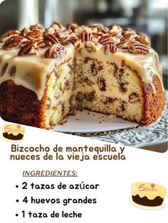 an advertisement for a cake with pecans on top and the words in spanish above it