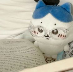 a stuffed animal wearing glasses reading a book