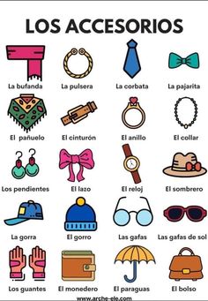 a poster with different types of items in spanish and the words los accesrios