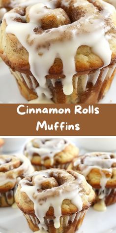 cinnamon roll muffins with icing drizzled over them on a white plate