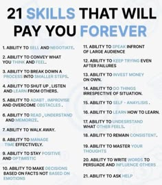 a poster with the words 21 skills that will pay you forever in blue and white