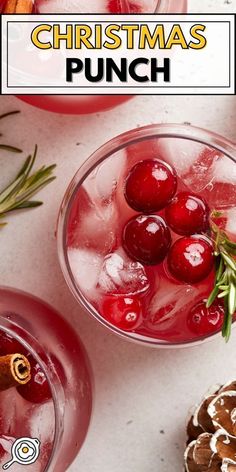 overhead photo of red Christmas punch in glasses with ice, fresh cranberries, and a sprig of rosemary with recipe title block at the top. Easy Christmas Punch, Unsweetened Cranberry Juice, Christmas Punch Recipes, Cranberry Juice Cocktail, Ginger Drink, Christmas Punch, Punch Recipe, Frozen Cranberries, Apple Cranberry