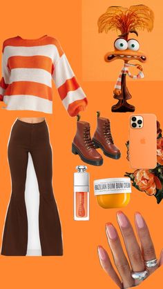 an orange and white striped sweater, brown pants, pink nail polish, cell phone case