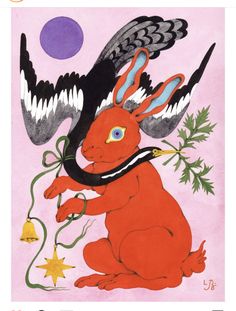 a painting of a red rabbit with two birds on it's back