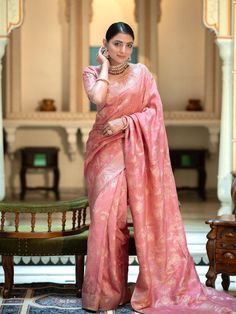 Elegant pink saree for women,banarasi soft lichi silk saree blouse,wedding saree with fancy jacquard and zari work,trendy saree for festival Saree Details:  Saree Color: Old Pink  Saree Length: 5.5 Meter Saree Fabric: Banarasi soft lichi silk Saree Work : Pure Golden zari weaving beautiful Jacquard work Blouse Details : Blouse Color: Matching. Blouse Length: 0.8meter Blouse Fabric : Banarasi soft lichi silk Blouse Work : Heavy Brocade blouse. Blouse wear by model is just for modeling purpose onl Peach Color Saree, Diwali Dresses, Buy Designer Sarees Online, Peach Saree, Beautiful Sarees, Peach Blouse, Saree Gown, Banarasi Silk Saree, Wedding Saree Indian