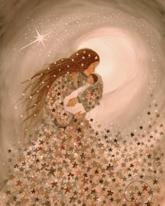 a painting of a woman holding a child in her arms with stars all over it