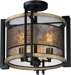 a semi flush light fixture with mesh shades on the drum and wood trimmings