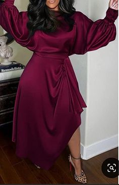 Dinner Wear For Plus Size Women, Simple Outing Gowns, Silk Dinner Gowns Classy Style, Church Event Outfit, Silk Satin Dress Classy, Purple Dress Outfit Party Classy, Fushia Dress Outfit, Coctail Attire, High Low Midi Dress