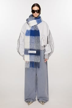 Acne Scarf, Acne Studio, Suit Jacket Dress, White Scarves, Checked Scarf, Studio Logo, Blue Scarf, Blue Outfit, Mode Inspo