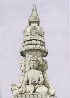 a drawing of a buddha statue on top of a tall tower with statues around it