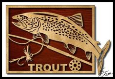 a sign with a fish on it that says trout and fishing lures in the center