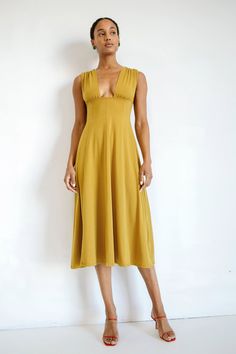 ELVA DRESS OCHRE – The Line by K Strappy Sandals Flat, Strappy Flats, Chic Heels, Paneled Skirt, Hello Spring, Warm Autumn, Clothes Jewelry, Plunging Neckline, The Line