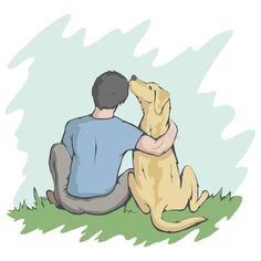 a man and his dog are sitting on the grass, looking up at something in the sky