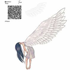 an angel with long black hair and white wings standing in front of a qr code