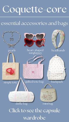 Essential accessories for coquette core capsule wardrobe, coquette style aesthetic, lana del rey, dolette, lolita core, styling, fashion, trends, springtime, spring aesthetic, girlie pink princess girl, sunglasses, heart shaped, headbands, pearls, necklace, jewelry, cute, tote bags, backpacks, floral, mini bag Coquette Bag, Coquette Doll, Girl Sunglasses, Simple Backpack, The Victorian Era