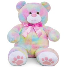 a rainbow colored teddy bear with pink paws