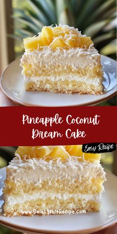 two pieces of pineapple coconut pruann cake on white plates with text overlay