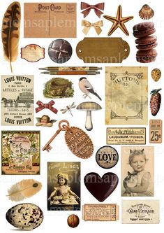 an assortment of vintage items are arranged on a white background with words and pictures in the middle